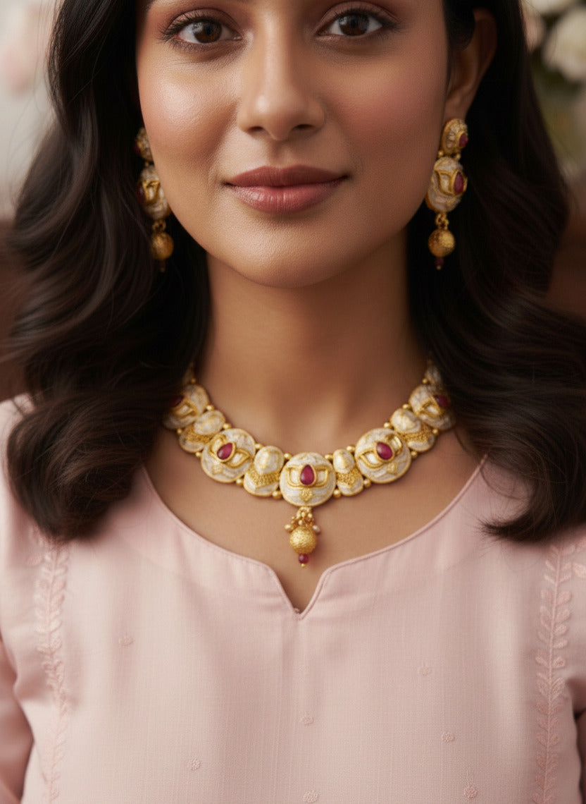 Traditional Gold-Plated Kundan Necklace Set for Women with Matching Earrings | Enamel Work & Ruby-Coloured Stones | Bridal & Festive Jewellery