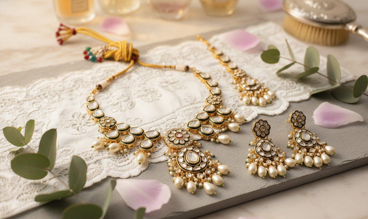 Kundan Bridal Necklace Set with Maang Tikka & Earrings | Gold Plated Pearl & Stone Jewellery Set for Women | Wedding & Festive Wear
