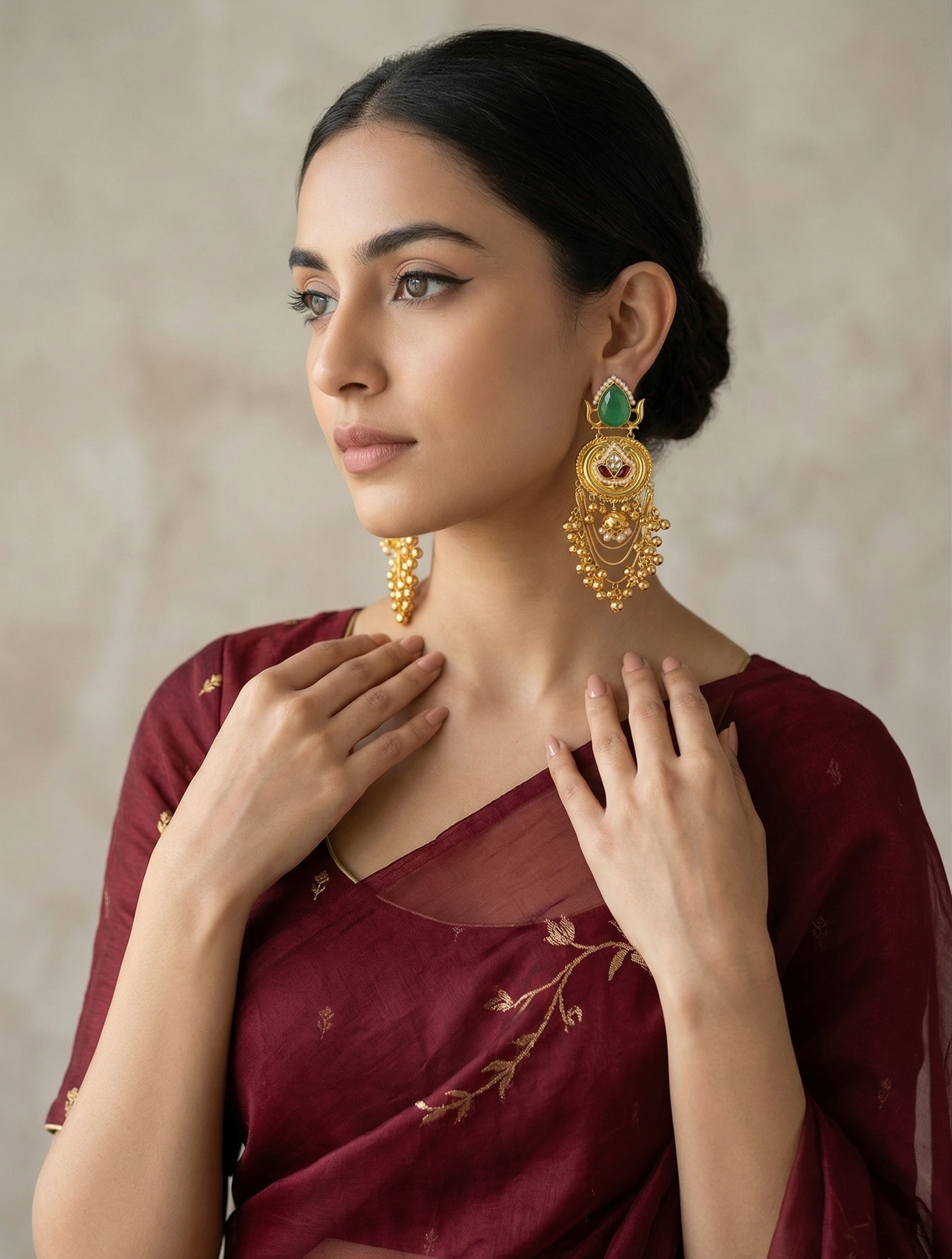 Gold-Plated Traditional Chandbali Earrings for Women | Green Stone & Pearl Dangle Earrings | Ethnic Wedding & Festive Jewellery