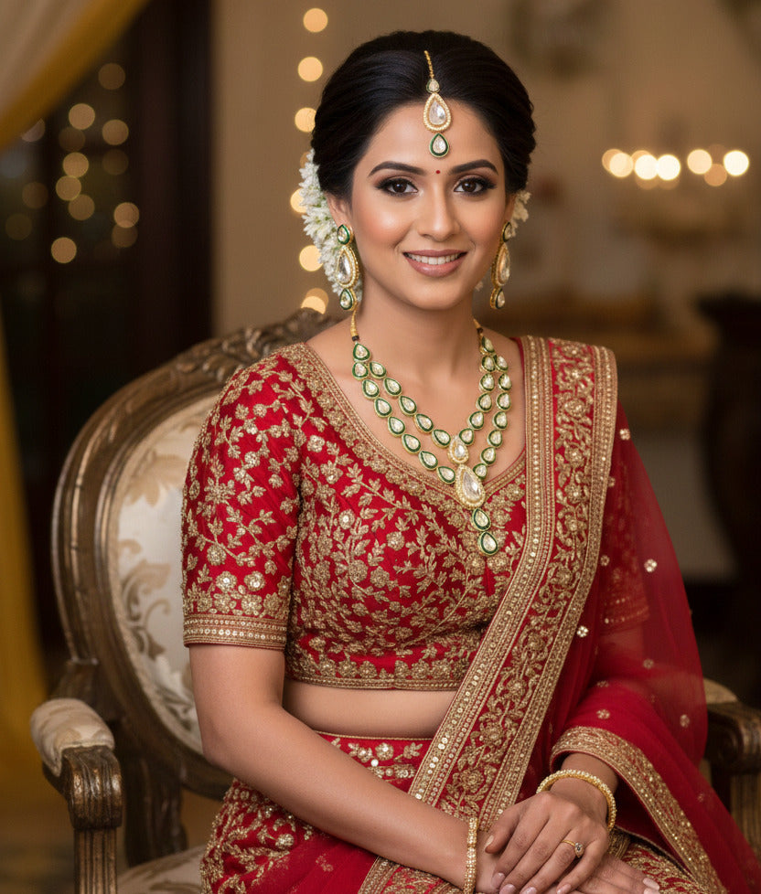 Kundan Bridal Jewellery Set for Women – Green & Gold Plated Necklace with Matching Earrings and Maang Tikka | Traditional Wedding & Festive Wear Jewellery Set