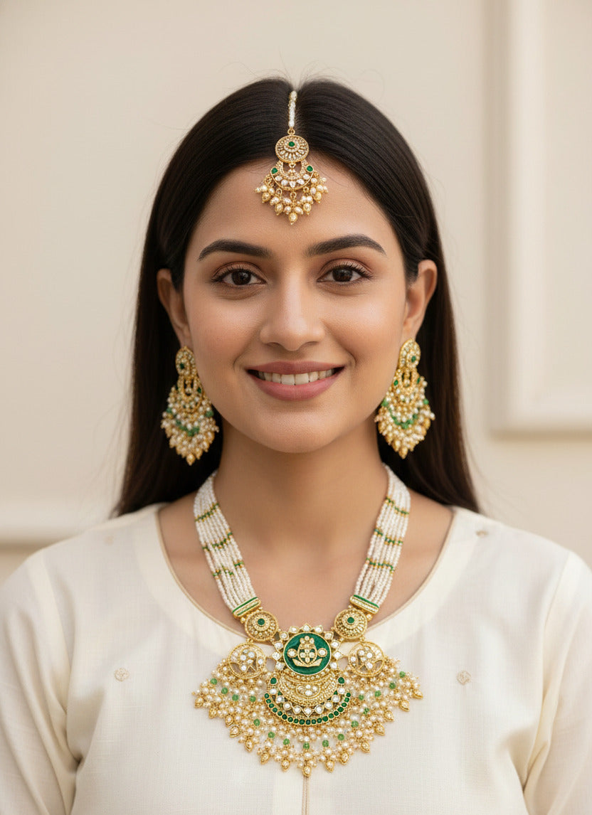 Traditional Kundan Bridal Necklace Set for Women | Green & Pearl Multi-Layer Wedding Jewelry with Matching Earrings