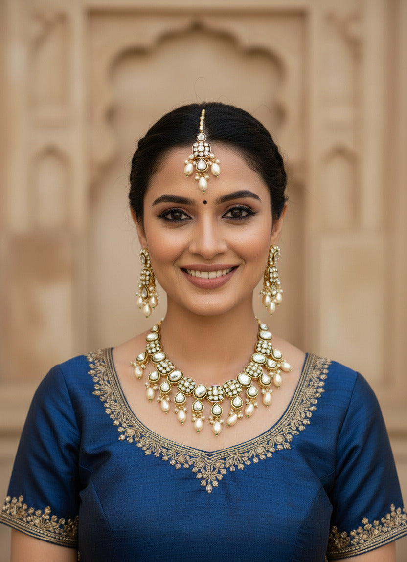 Kundan Bridal Jewellery Set for Women – Necklace, Earrings & Maang Tikka | Pearl & Stone Studded Wedding Wear Set | Premium Gold-Plated Indian Ethnic Jewellery