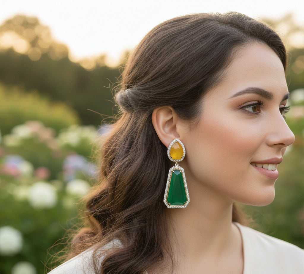 Women’s Statement Drop Earrings – Yellow & Green Dual-Stone Dangle Earrings with Crystal Halo | Party, Wedding & Festive Jewelry | Lightweight & Premium Finish