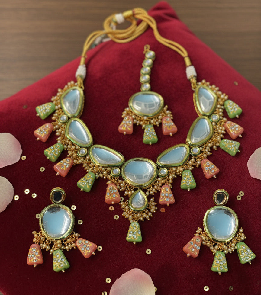 Kundan Meenakari Necklace Set for Women – Gold Plated with Sky Blue Stones & Multi-Colour Enamel Beads | Bridal Choker Set with Earrings & Maang Tikka