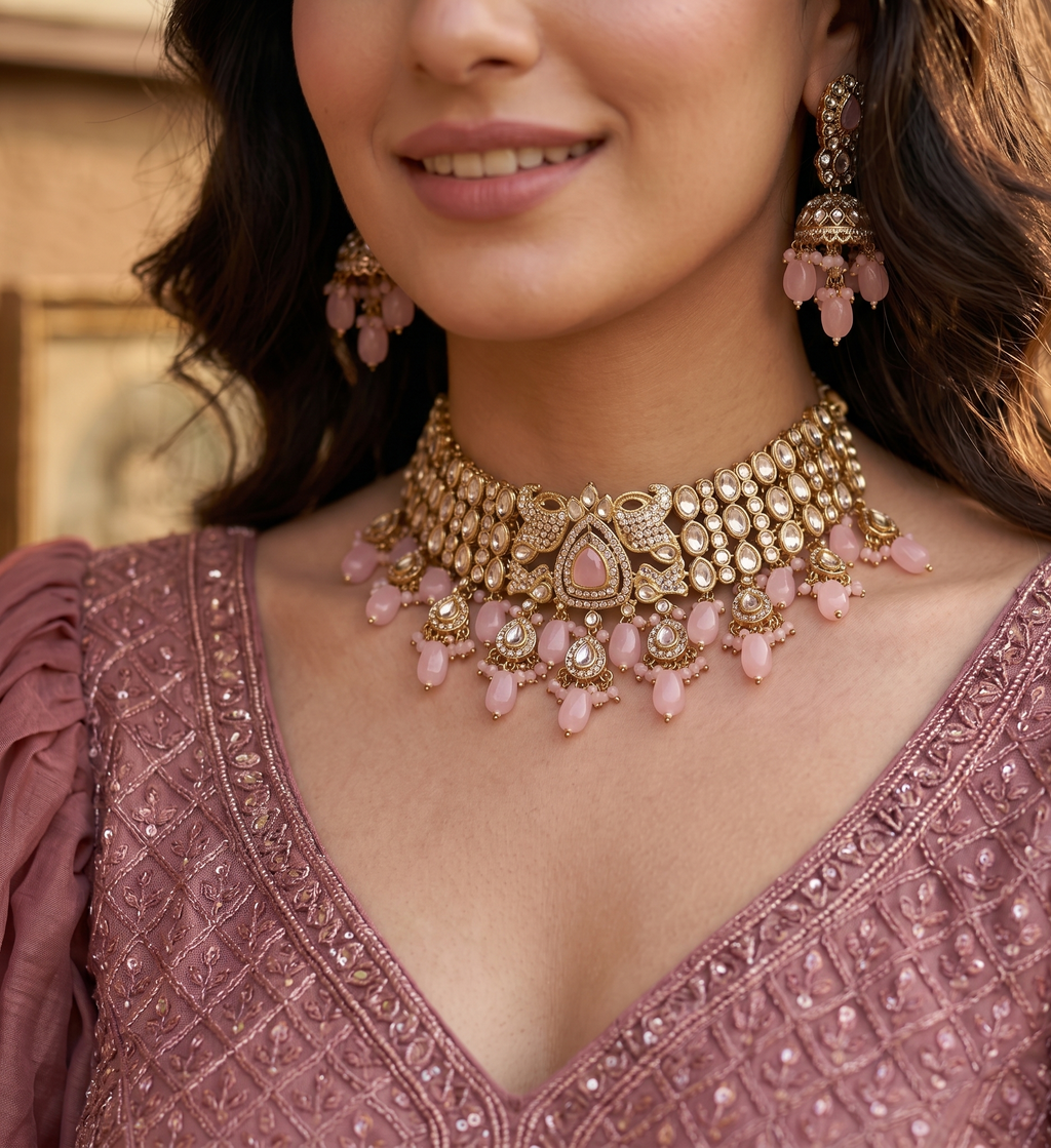 Pink Kundan Choker Necklace Set for Women | Traditional Bridal Jewelry Set with Matching Earrings & Maang Tikka | Gold-Plated Ethnic Wedding Jewelry