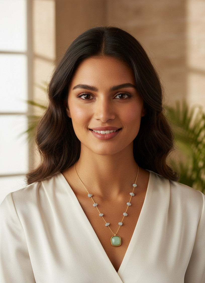 Veltreo International Handmade Aquamarine Gemstone Necklace with Gold-Plated Chain and Blue Pendant