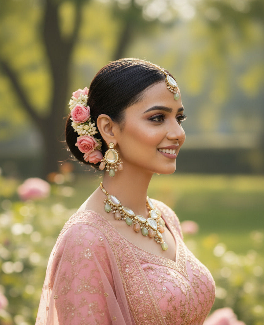 Kundan Meenakari Necklace Set for Women – Gold Plated with Sky Blue Stones & Multi-Colour Enamel Beads | Bridal Choker Set with Earrings & Maang Tikka