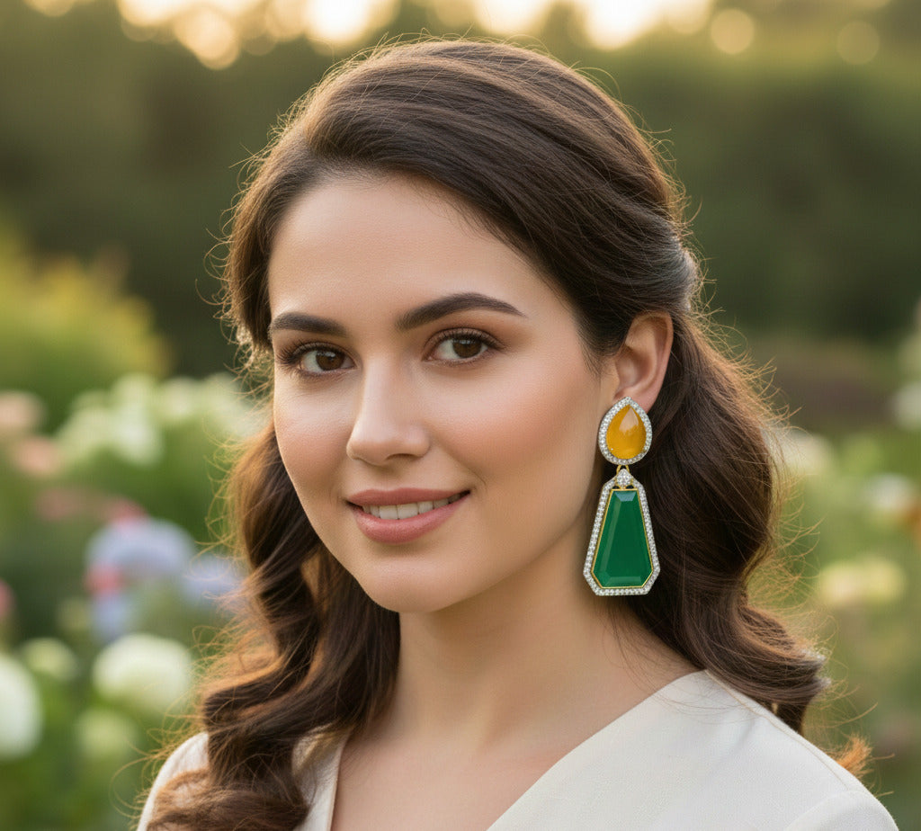 Women’s Statement Drop Earrings – Yellow & Green Dual-Stone Dangle Earrings with Crystal Halo | Party, Wedding & Festive Jewelry | Lightweight & Premium Finish