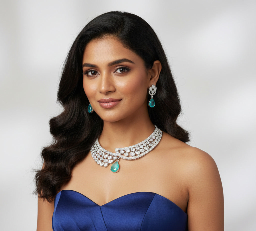Silver-Plated Choker Necklace & Earrings Set for Women with Green Teardrop Stones | Bridal, Party, Wedding Jewelry | Cubic Zirconia Studded Designer Necklace Set