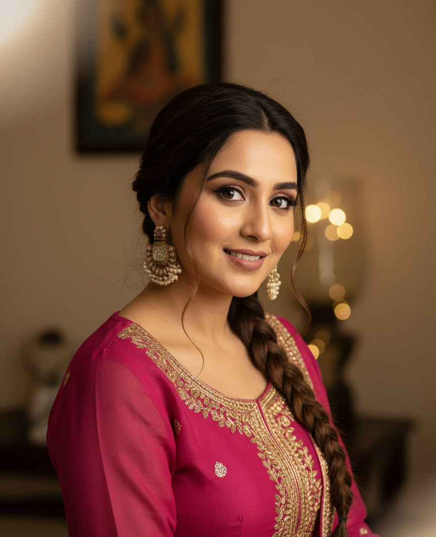 Kundan Pearl and Pink Stone Chandbali Earrings for Women & Girls