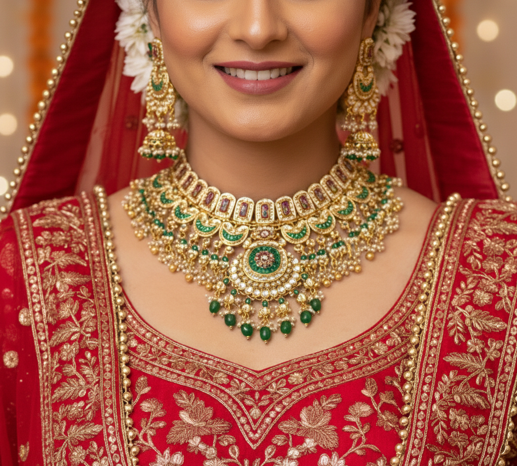 Traditional Gold-Plated Bridal Choker Necklace Set with Matching Earrings & Maang Tikka | Kundan & Meenakari Style | Wedding & Festive Jewelry for Women