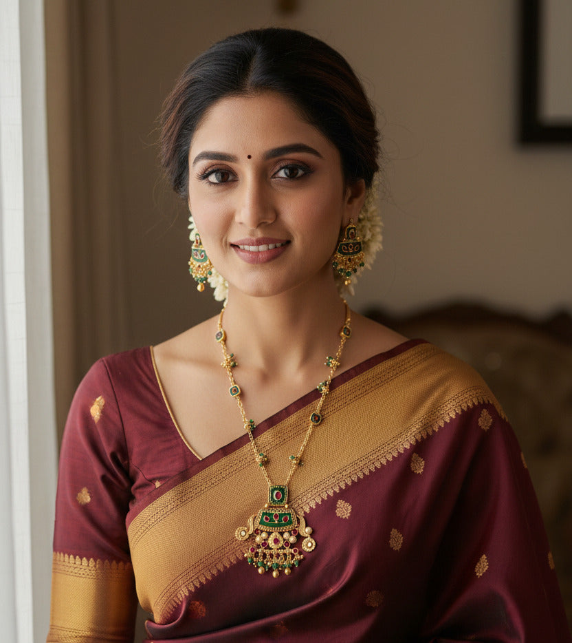 Gold-Plated Necklace & Earrings Jewelry Set for Women & Girls | Green & Pink Stone Temple Design Pendant Set |