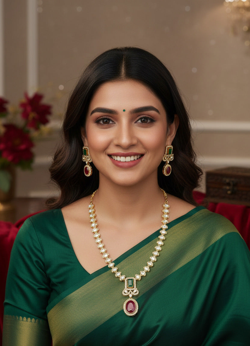Traditional Gold-Plated Necklace Set with Green & Red Stones | American Diamond Jewellery Set for Women | Necklace with Matching Earrings