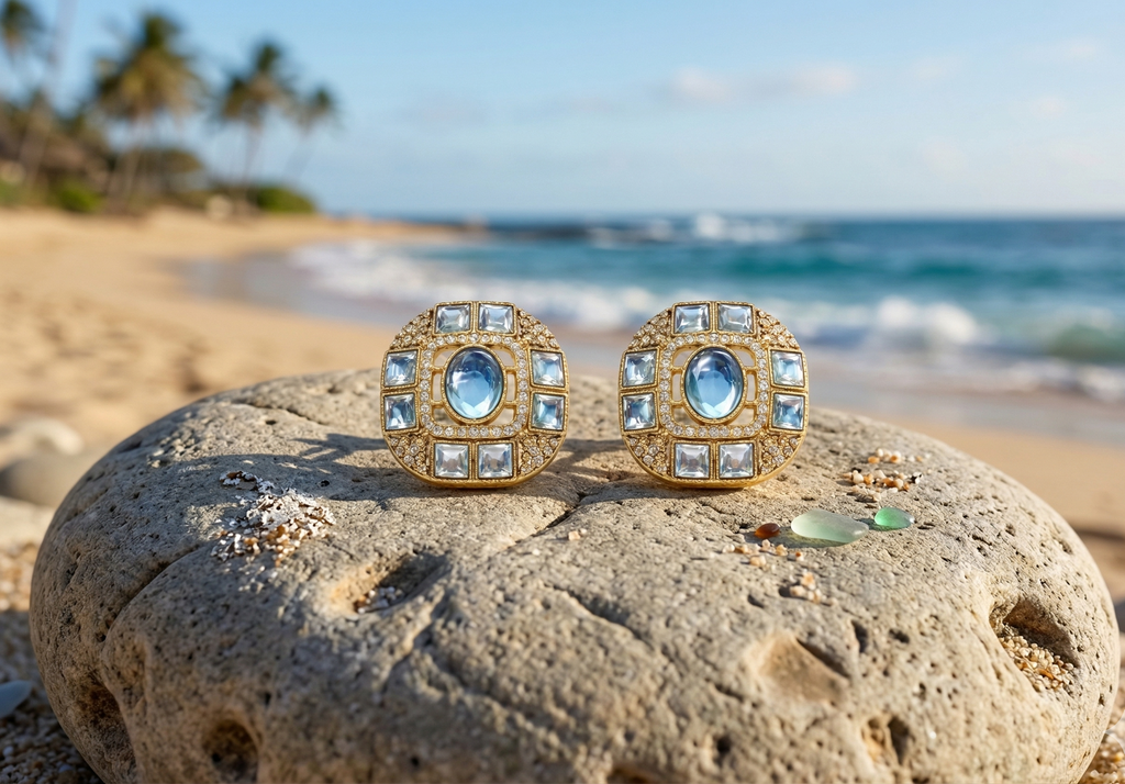 Vintage Blue Stone Stud Earrings for Women | Gold-Tone Crystal Embedded Statement Earrings | Party Wear & Wedding Jewellery