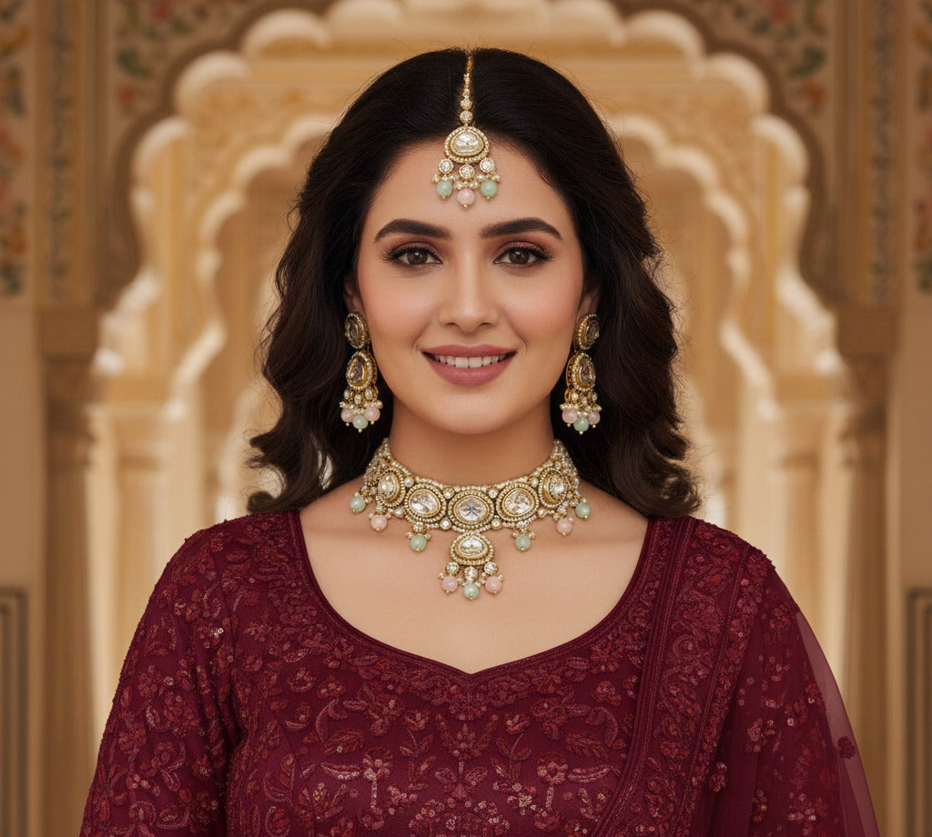 Kundan Choker Necklace Set for Women with Earrings & Maang Tikka | Bridal Jewelry Set with Pearl & Pastel Beads