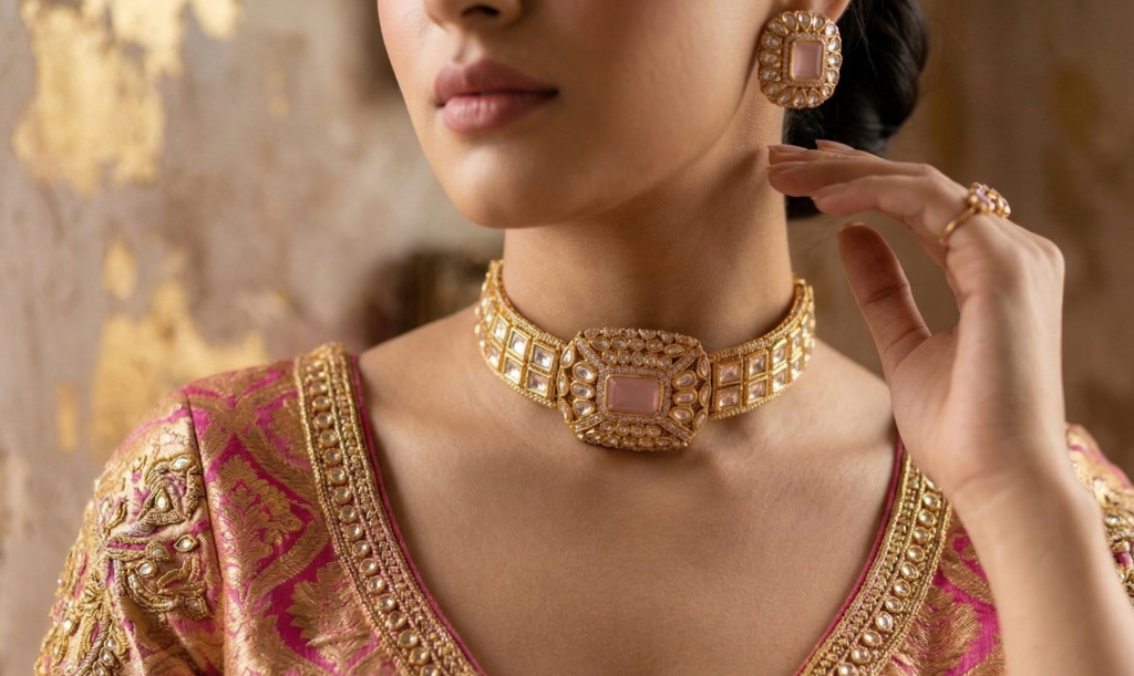 Pink Stone Gold-Plated Choker Necklace Set for Women with Matching Stud Earrings | Traditional & Wedding Jewellery | Elegant Party Wear Set