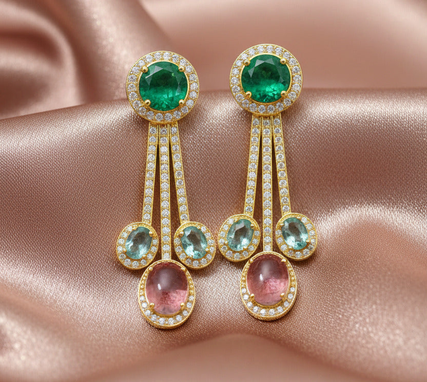 Gold-Plated Multicolor Stone Dangle Earrings for Women | Emerald Green, Aqua Blue & Pink Gemstone Long Drop Earrings | Premium Fashion Jewellery for Weddings & Parties