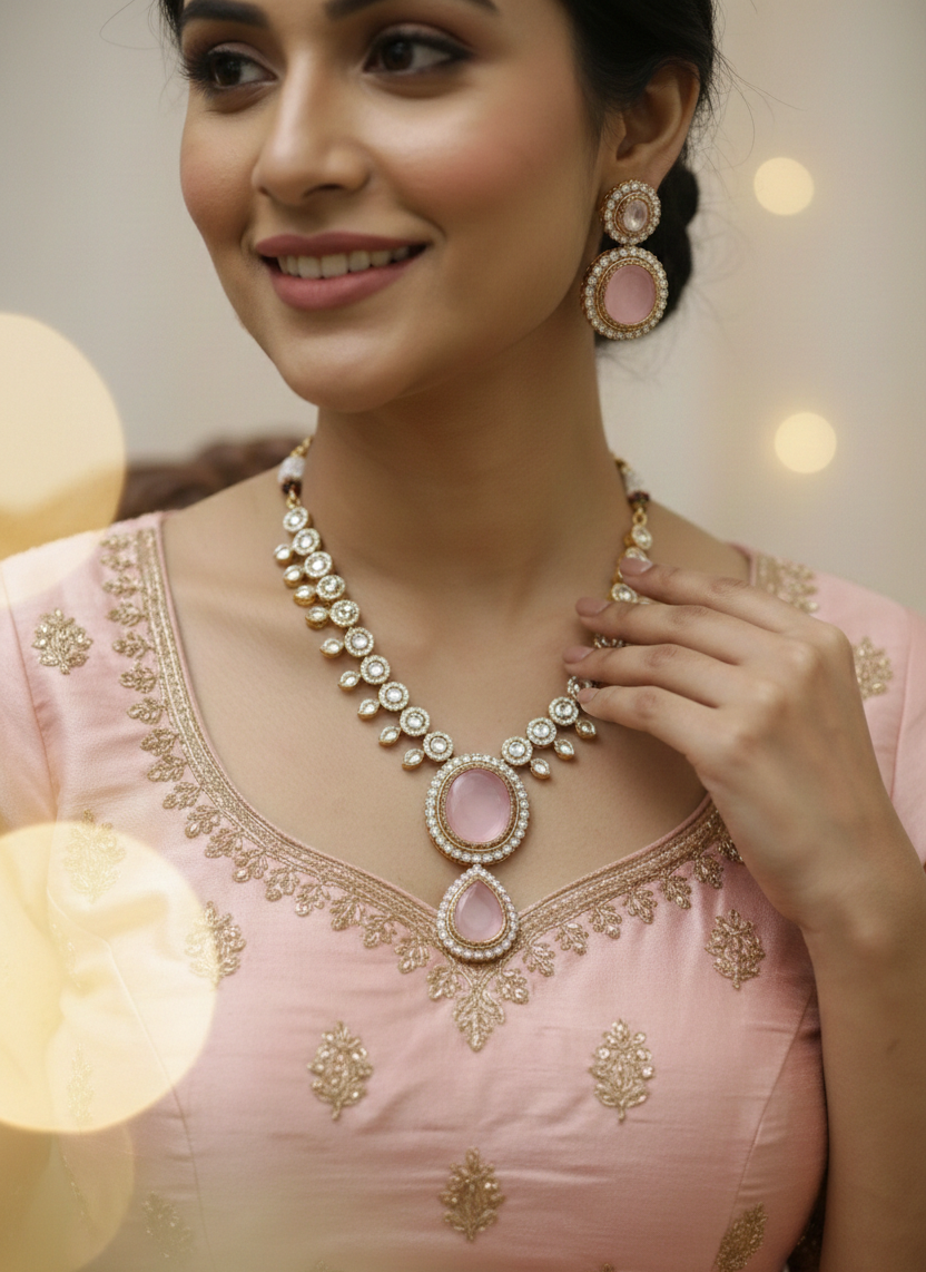 Traditional Blush Pink Stone Necklace Set with Matching Earrings | Gold-Tone Ethnic Jewelry Set for Women