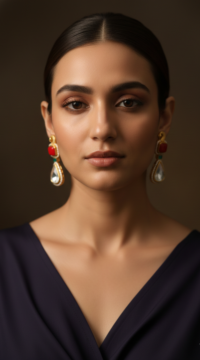 Gold-Plated Traditional Drop Earrings with Red & Clear Stones | Elegant Ethnic Statement Earrings for Women