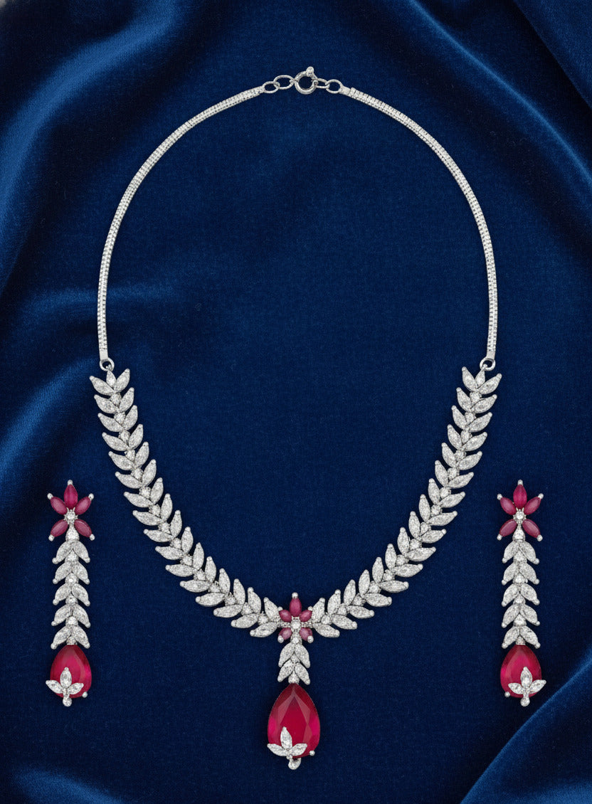 Silver-Plated Necklace and Earrings Set with Ruby Red Stones & CZ Diamonds – Bridal Jewelry Set for Weddings, Parties & Festive Occasions