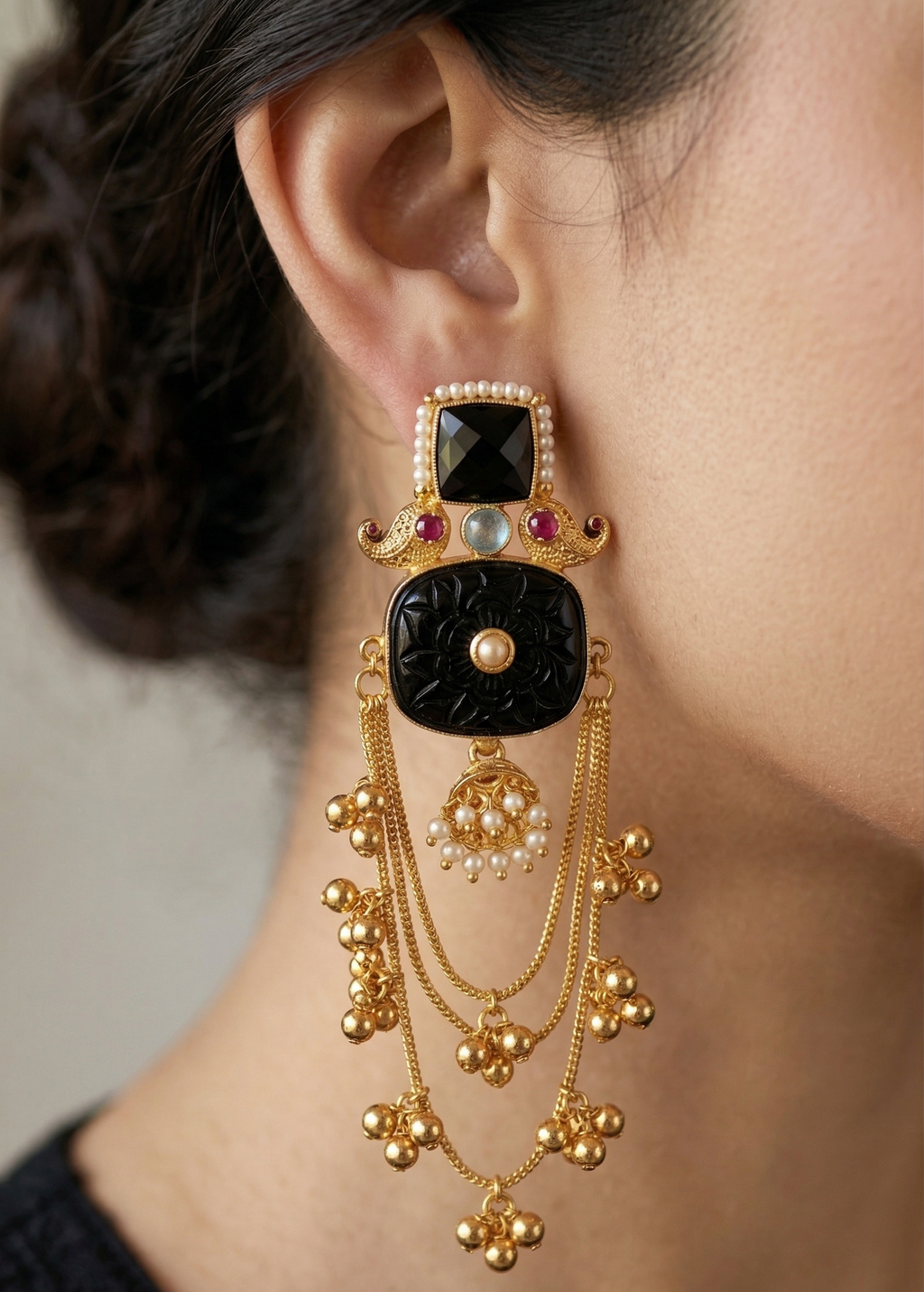 Gold Plated Black Stone Chandbali Earrings for Women | Traditional Ethnic Long Dangle Earrings with Beads | Wedding & Party Wear Jewellery