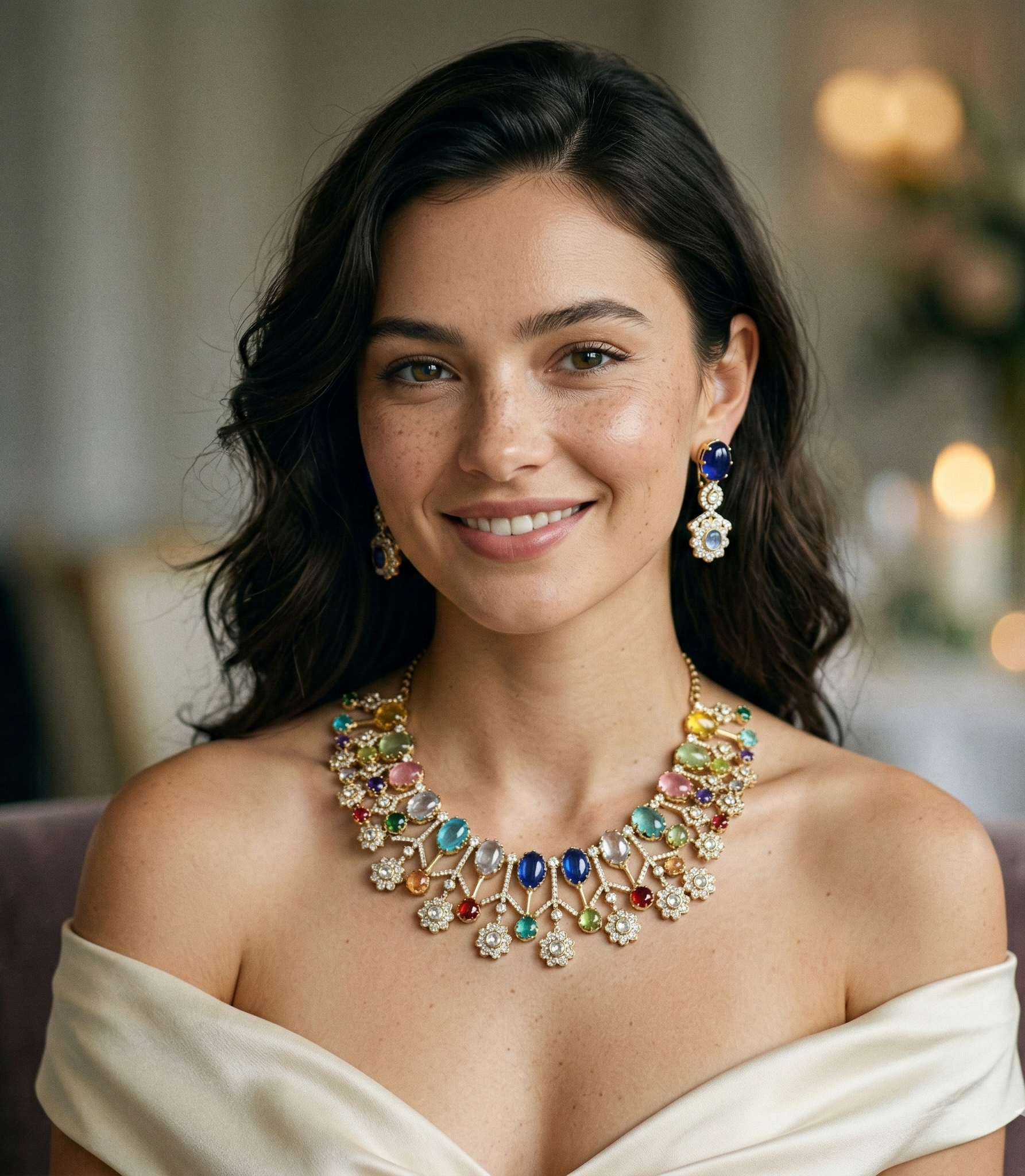 Multicolor Gemstone Statement Necklace Set with Earrings for Women | Gold Plated Designer Party & Wedding Jewellery | Traditional Ethnic Choker Necklace