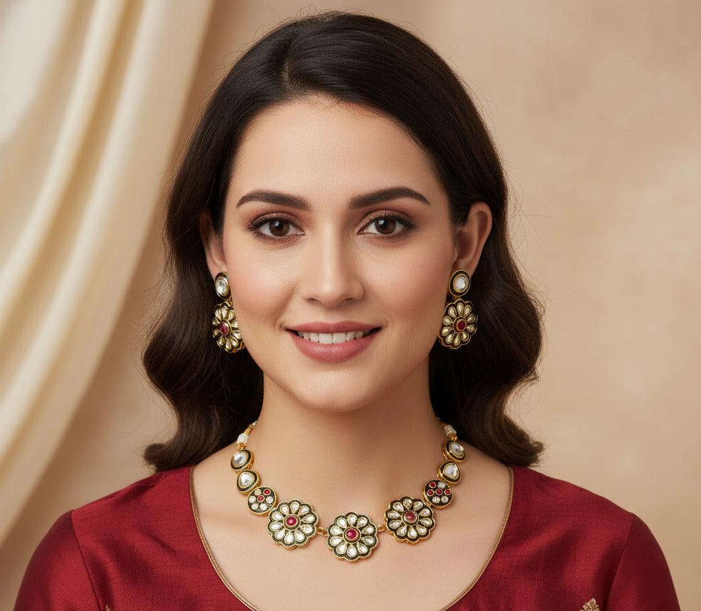 Handcrafted Floral Design Kundan Jewellery Set for Women &amp; Girls
