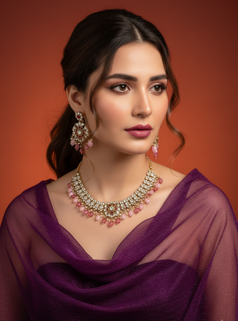 Premium Traditional Kundan Pink Stone Bridal Choker Necklace Set for Women | Gold Plated Wedding Jewellery with Matching Earrings | Ethnic Festive Statement Set