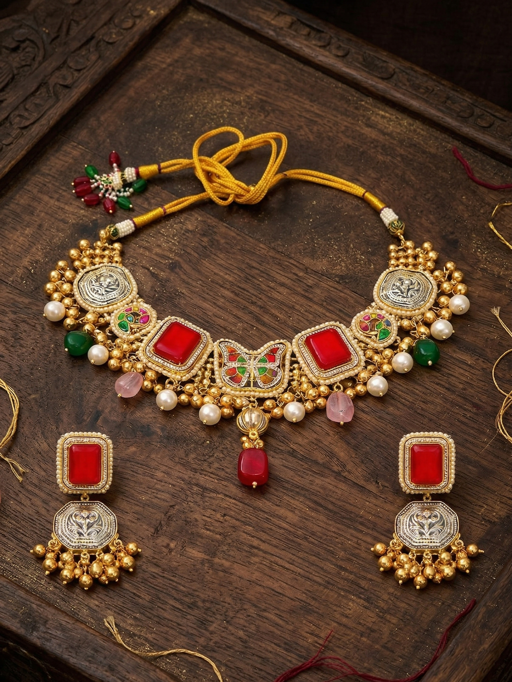 Traditional Red Stone Choker Necklace Set for Women | Gold-Tone Temple Jewellery with Matching Earrings | Bridal & Festive Wear