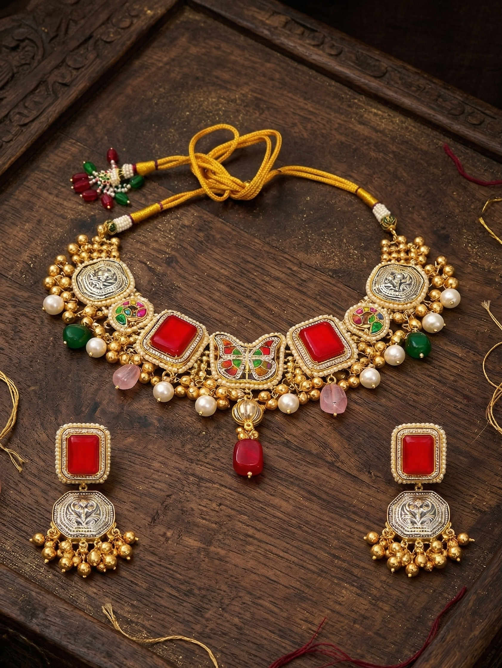 Traditional Red Stone Choker Necklace Set for Women | Gold-Tone Temple Jewellery with Matching Earrings | Bridal & Festive Wear