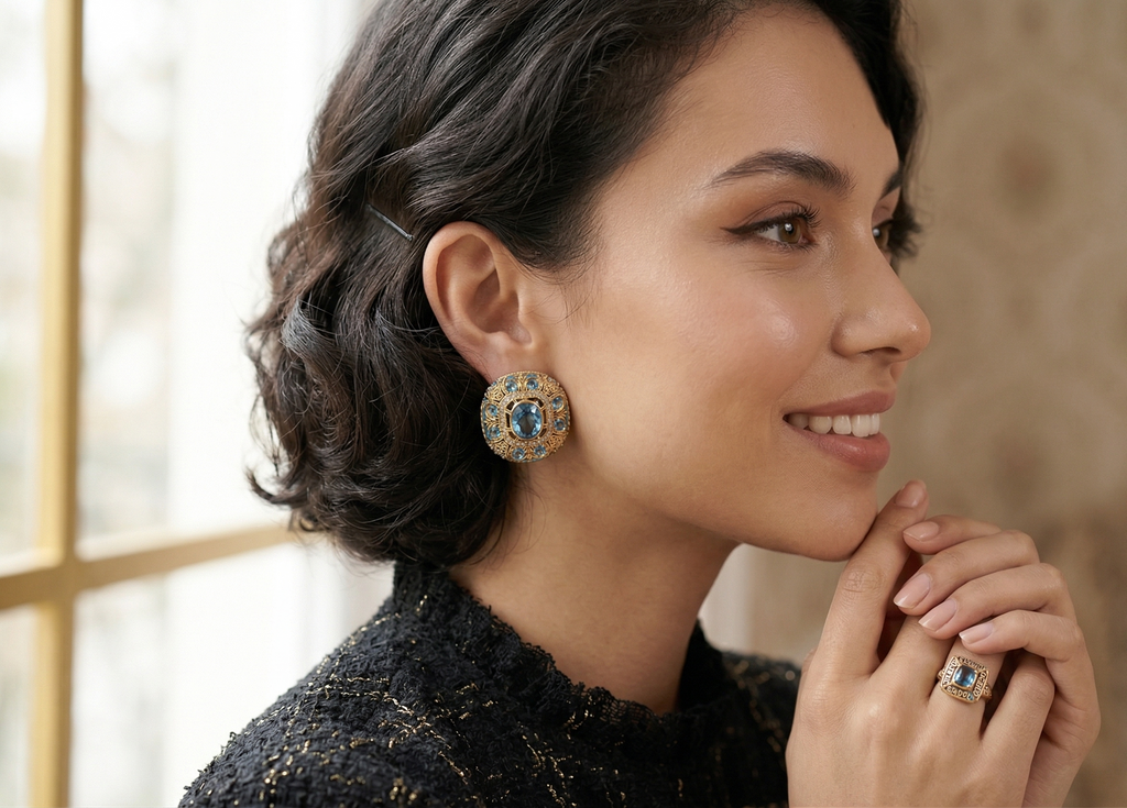 Vintage Blue Stone Stud Earrings for Women | Gold-Tone Crystal Embedded Statement Earrings | Party Wear & Wedding Jewellery