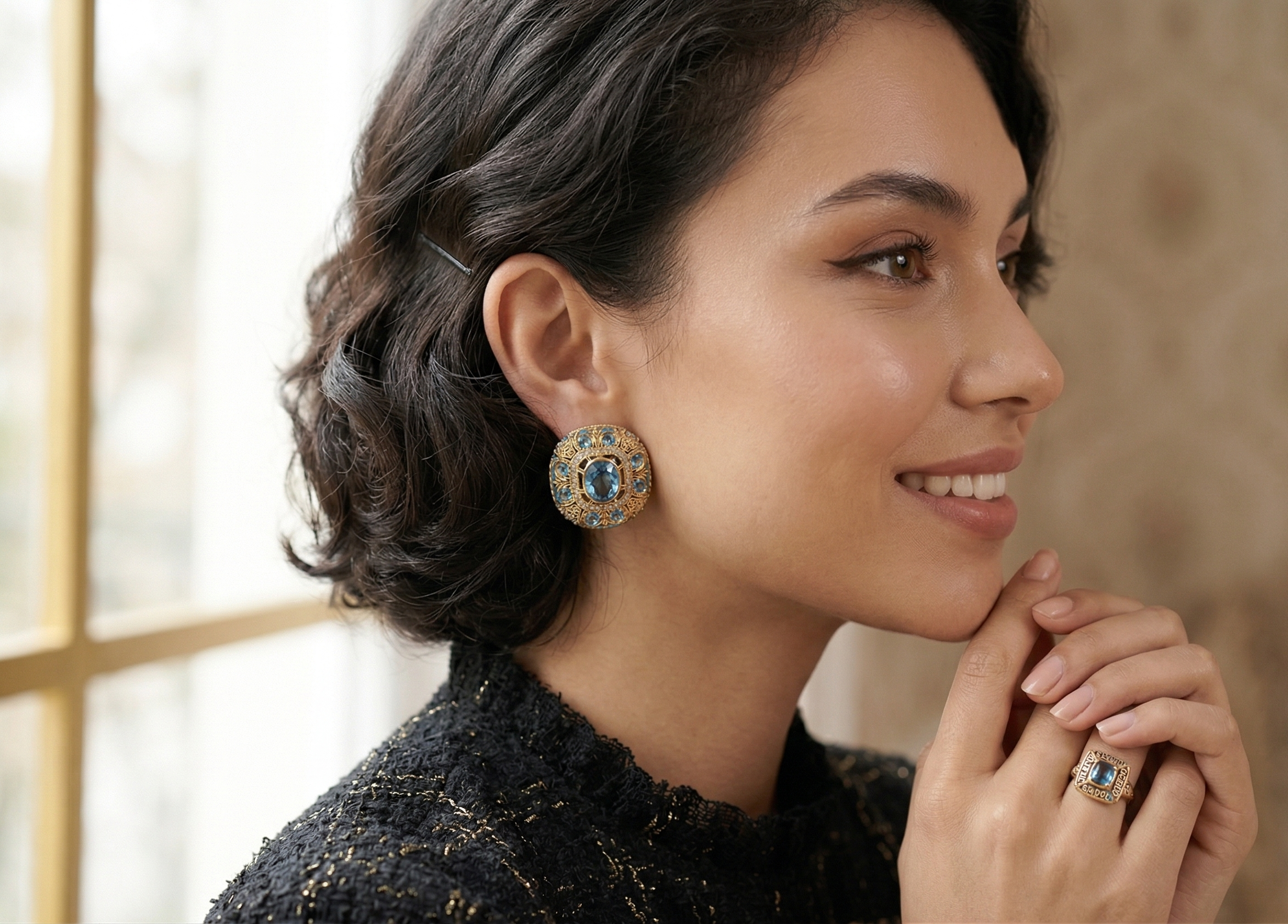 Vintage Blue Stone Stud Earrings for Women | Gold-Tone Crystal Embedded Statement Earrings | Party Wear & Wedding Jewellery
