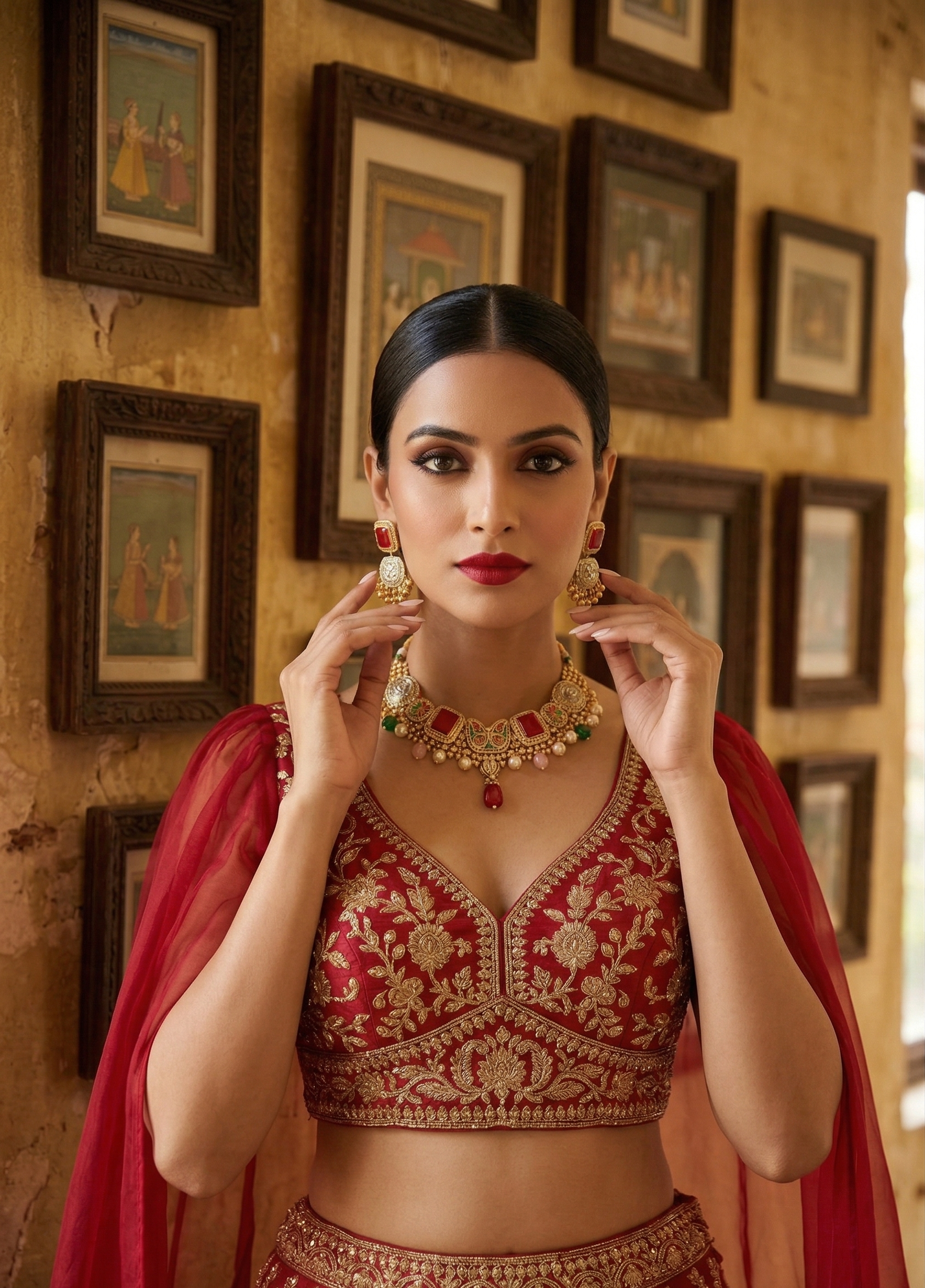 Traditional Red Stone Choker Necklace Set for Women | Gold-Tone Temple Jewellery with Matching Earrings | Bridal & Festive Wear