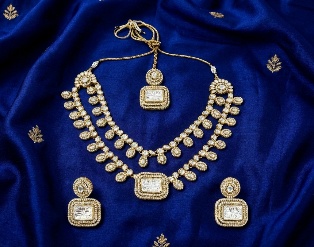 Traditional Gold-Tone Kundan two layer Necklace Set with Matching Earrings & Maang Tikka | Bridal & Festive Indian Jewelry Set for Women
