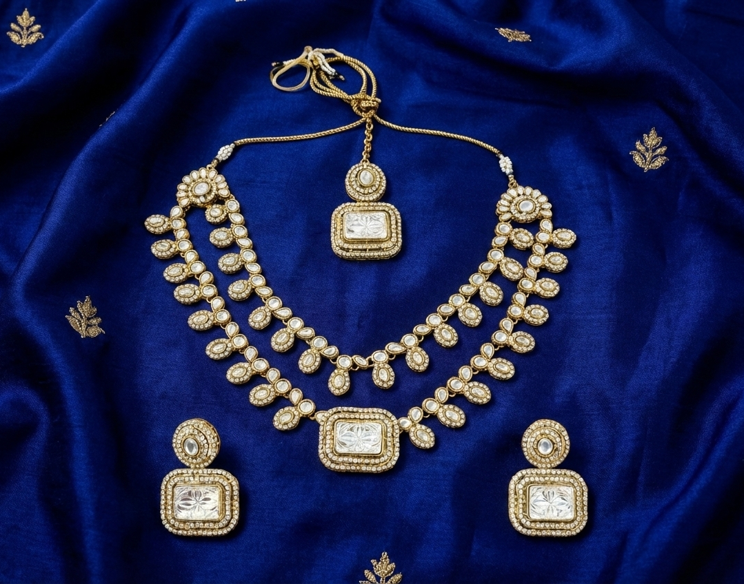 Traditional Gold-Tone Kundan two layer Necklace Set with Matching Earrings & Maang Tikka | Bridal & Festive Indian Jewelry Set for Women