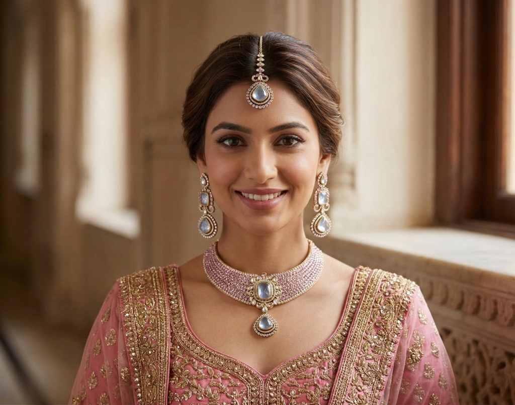 Pink Stone Bridal Choker Necklace Set for Women with Earrings & Maang Tikka | Wedding Party Traditional Jewellery Set | Gold Plated Statement Choker Set