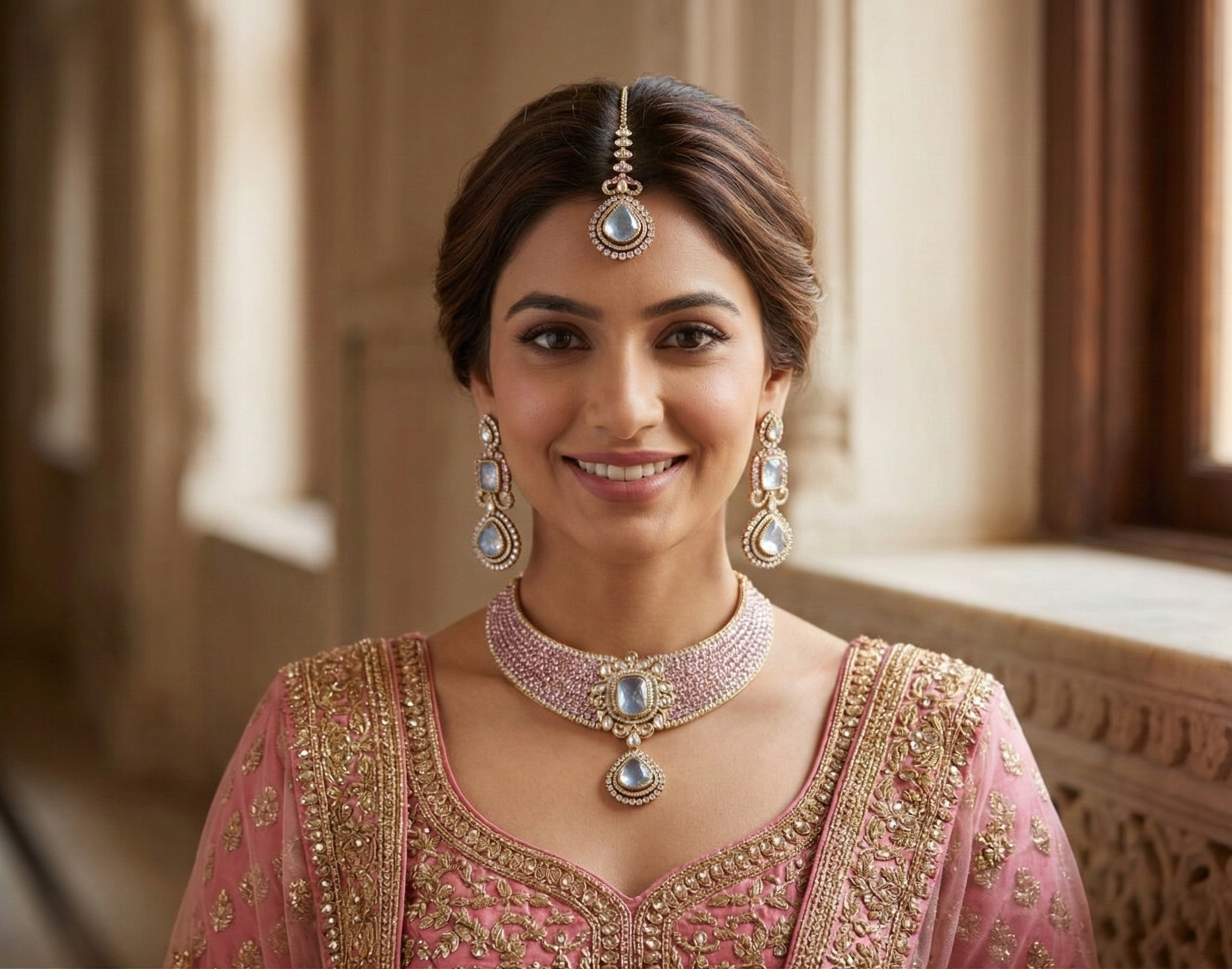 Pink Stone Bridal Choker Necklace Set for Women with Earrings & Maang Tikka | Wedding Party Traditional Jewellery Set | Gold Plated Statement Choker Set