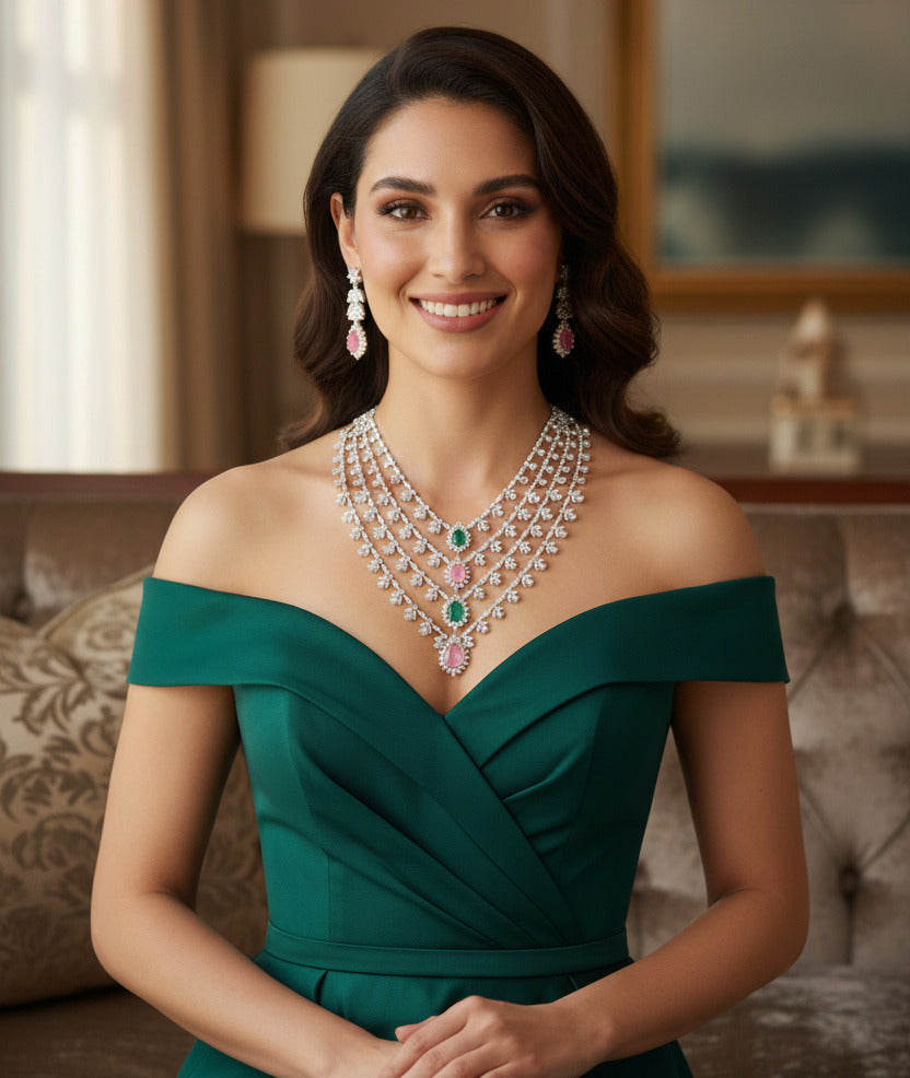 Multi-Layer Diamond Necklace & Earring Set for Women | Bridal Wedding Jewellery with Pink & Green Gemstones | Silver-Plated Party Wear Jewelry Set