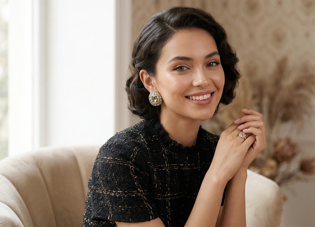 Vintage Blue Stone Stud Earrings for Women | Gold-Tone Crystal Embedded Statement Earrings | Party Wear & Wedding Jewellery