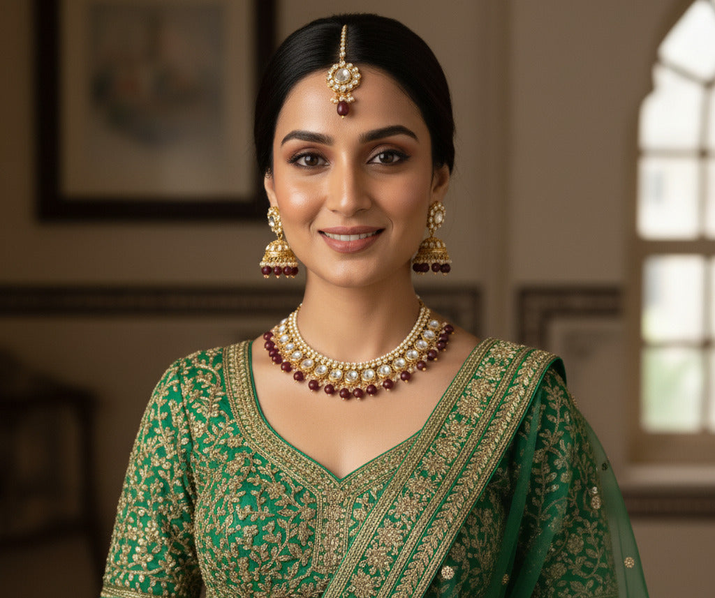 Kundan Choker Necklace Set for Women with Jhumka Earrings & Maang Tikka | Bridal Jewellery Set with Maroon Beads & Pearl Detailing | Wedding & Festival Wear