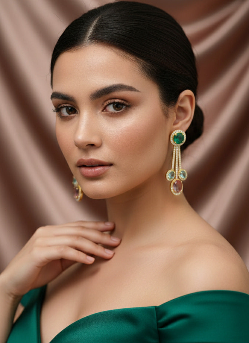 Gold-Plated Multicolor Stone Dangle Earrings for Women | Emerald Green, Aqua Blue & Pink Gemstone Long Drop Earrings | Premium Fashion Jewellery for Weddings & Parties