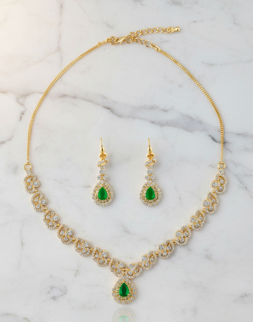Necklace and Earring Set for Women | Green Stone & CZ Diamond Design | Traditional Wedding & Party Jewelry Set