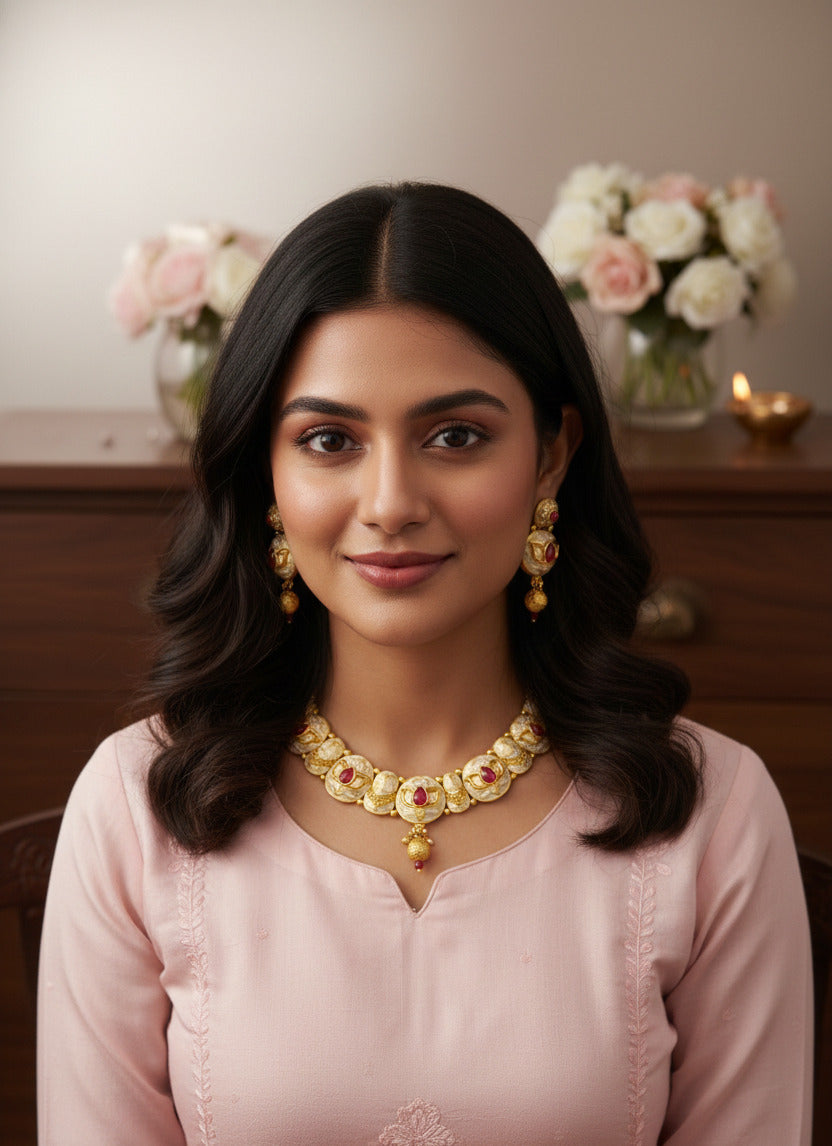Traditional Gold-Plated Kundan Necklace Set for Women with Matching Earrings | Enamel Work & Ruby-Coloured Stones | Bridal & Festive Jewellery