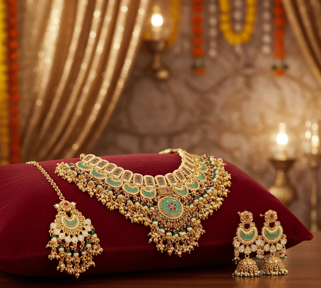 Traditional Gold-Plated Bridal Choker Necklace Set with Matching Earrings & Maang Tikka | Kundan & Meenakari Style | Wedding & Festive Jewelry for Women