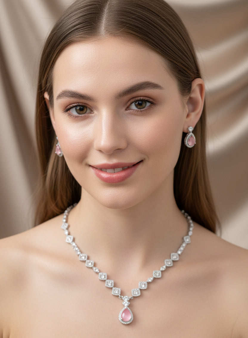 Elegant Silver-Plated Necklace & Earring Set with Pink Teardrop Stones for Women – Bridal, Party & Festive Jewellery Set