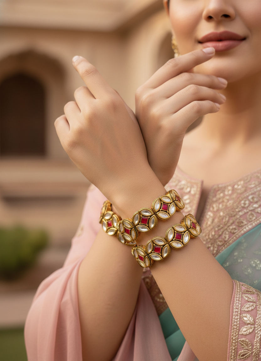 Gold Plated Kundan Bangles for Women | 2-Row Floral Design with Ruby Tone & Clear Stones | Traditional Ethnic Jewellery for Wedding & Festive Wear