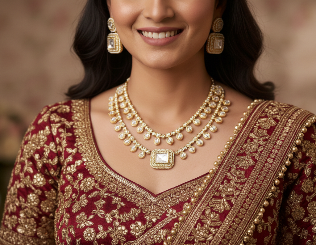 Traditional Gold-Tone Kundan two layer Necklace Set with Matching Earrings & Maang Tikka | Bridal & Festive Indian Jewelry Set for Women