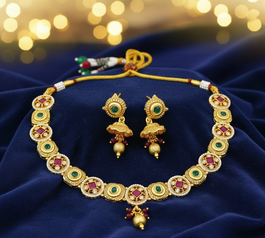 Traditional Gold-Plated Necklace Set for Women with Green & Pink Stones | Antique Temple Jewelry with Earrings | Wedding & Festive Jewellery Se