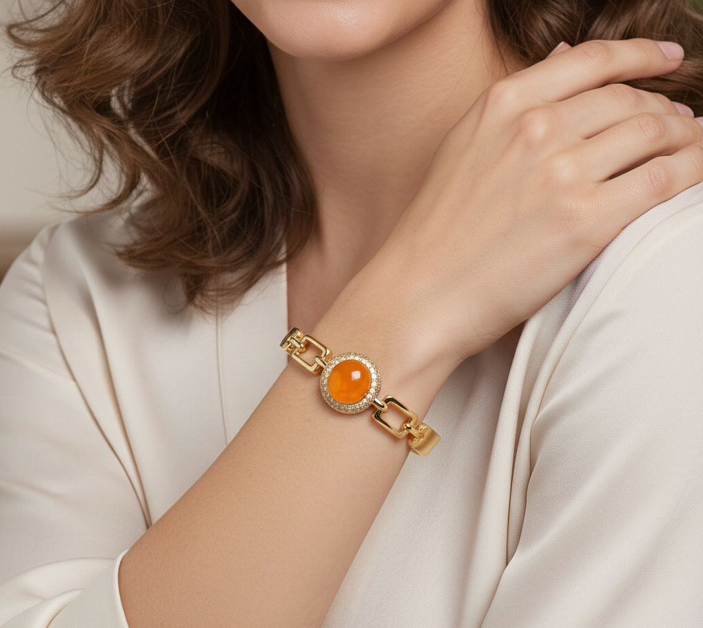 Gold-Plated Oval Amber Stone TARKISH Bracelet with CZ Halo | Adjustable Fashion Bangle for Women