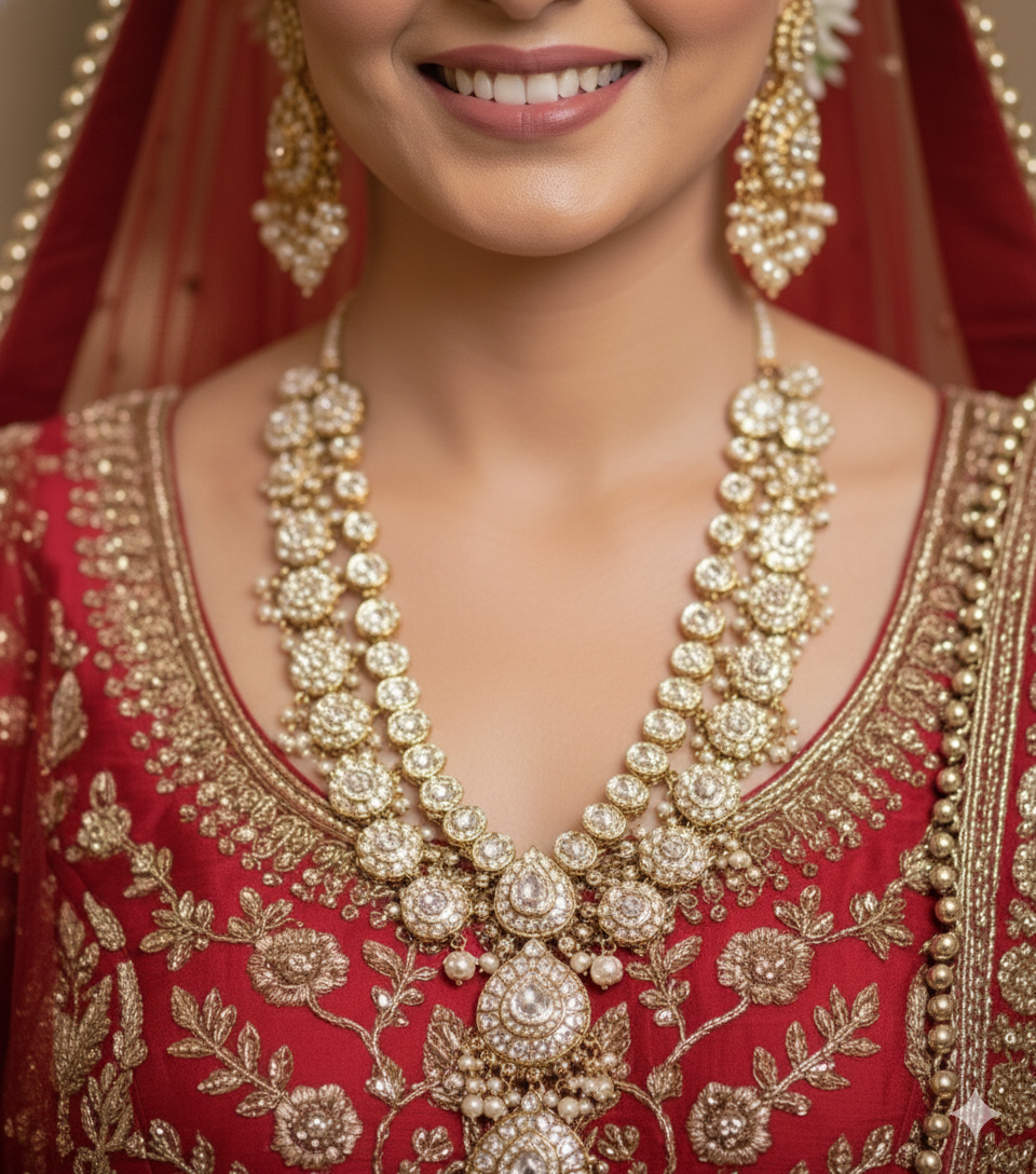 Gold-Plated Traditional Necklace Set for Women – Kundan Style Bridal Jewellery Set with Earrings and Maang Tikka – Wedding & Festive Wear